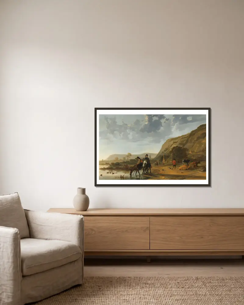 Krajina s řekou a jezdci, Aelbert Cuyp v rámu na stěně