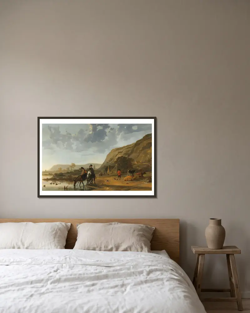Krajina s řekou a jezdci, Aelbert Cuyp v rámu na stěně