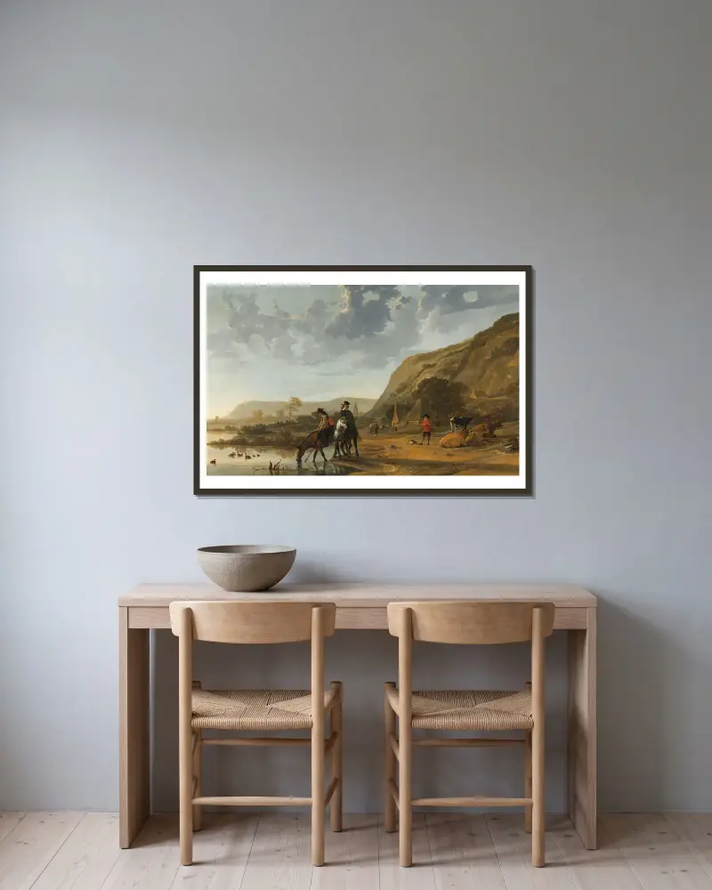 Krajina s řekou a jezdci, Aelbert Cuyp v rámu na stěně