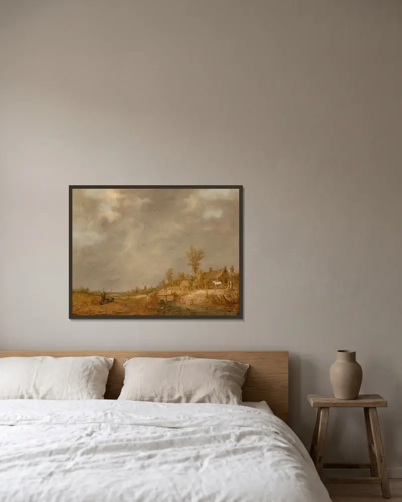 Flodlandskap med resande, en häst och kärra intill en lada och väderkvarnar i fjärran av Aelbert Cuyp inramad på en vägg