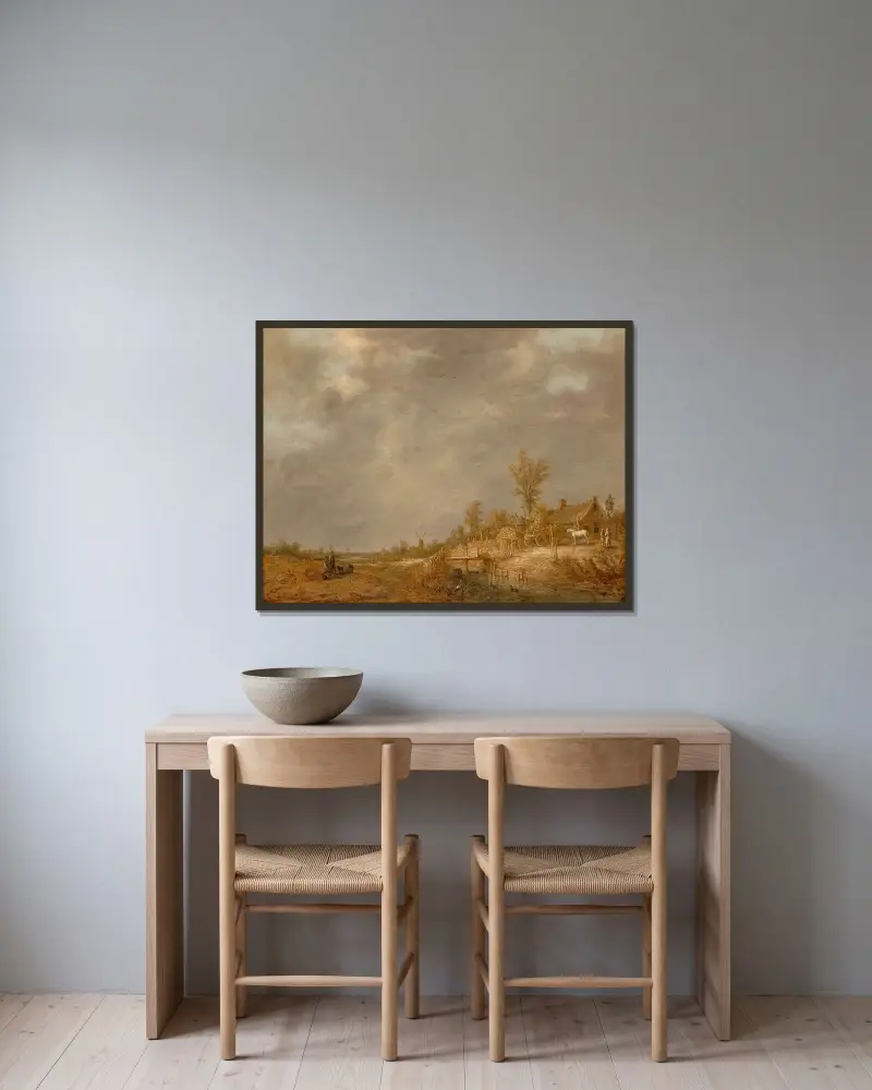 Flodlandskap med resande, en häst och kärra intill en lada och väderkvarnar i fjärran av Aelbert Cuyp inramad på en vägg