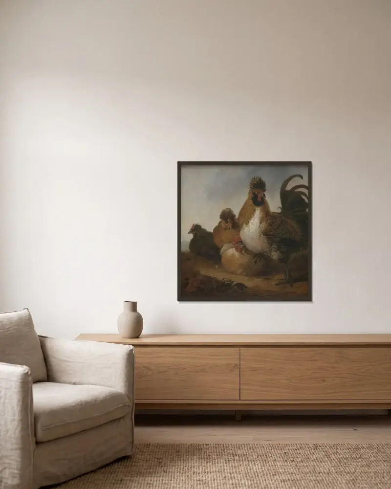 Rooster and Hens Object type av Aelbert Cuyp inramad på en vägg