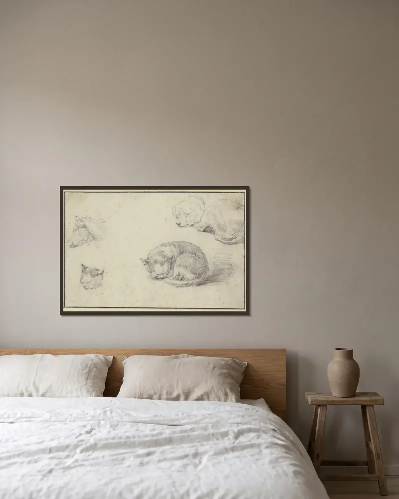 Schlafende Katze und Hund, ein Kuhkopf und ein Katzenkopf av Aelbert Cuyp inramad på en vägg