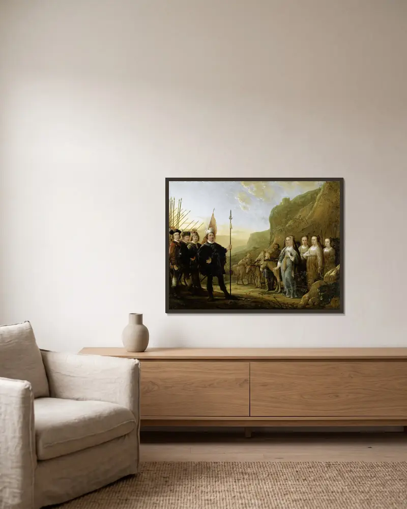 The Encounter of David and Abigail. Portrait of the family of Lowijs Jacobsz. Molenschot and his wife Janneken Jansdr. Rokus av Aelbert Cuyp inramad på en vägg