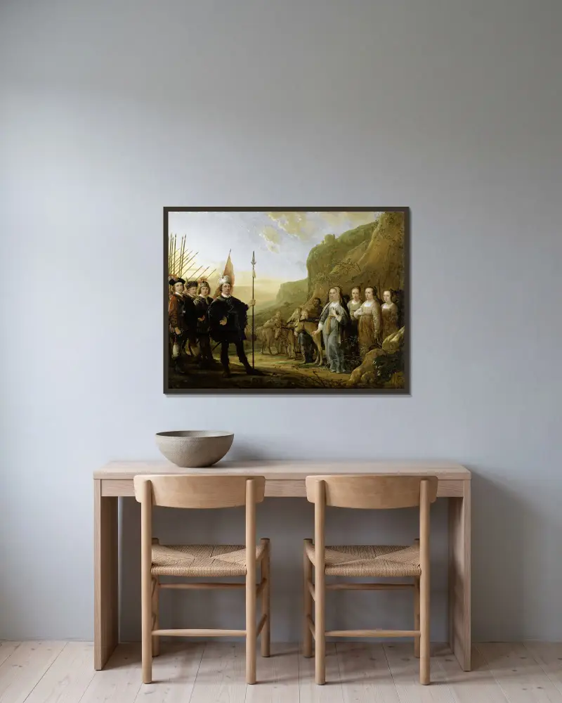 The Encounter of David and Abigail. Portrait of the family of Lowijs Jacobsz. Molenschot and his wife Janneken Jansdr. Rokus av Aelbert Cuyp inramad på en vägg