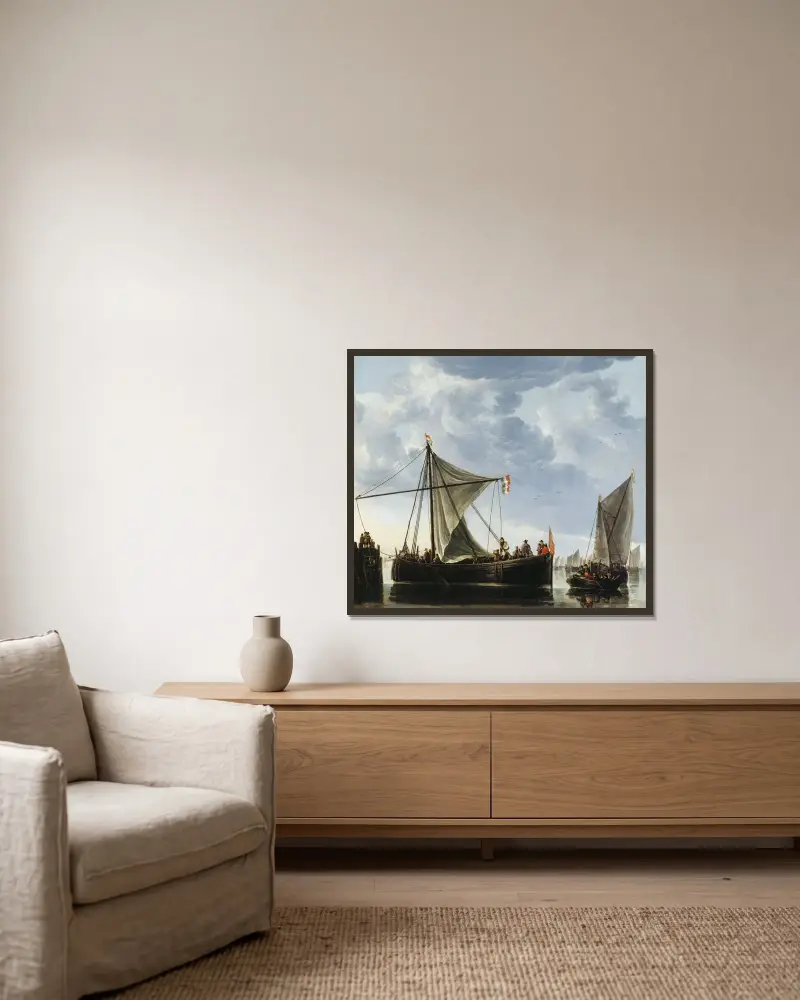The Passage Boat av Aelbert Cuyp inramad på en vägg