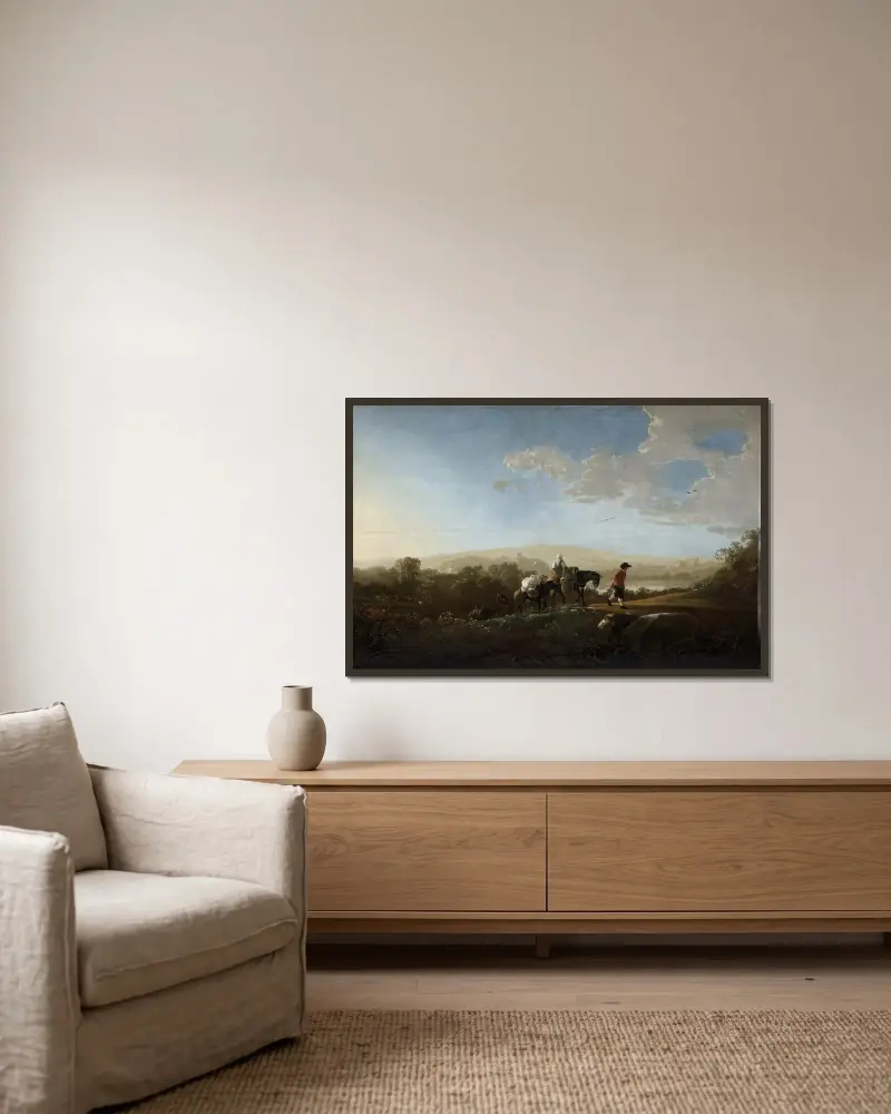 Travelers in Hilly Countryside av Aelbert Cuyp inramad på en vägg