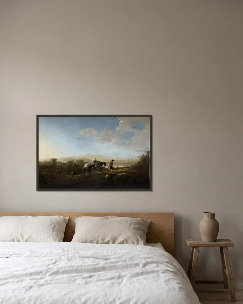 Travelers in Hilly Countryside av Aelbert Cuyp inramad på en vägg
