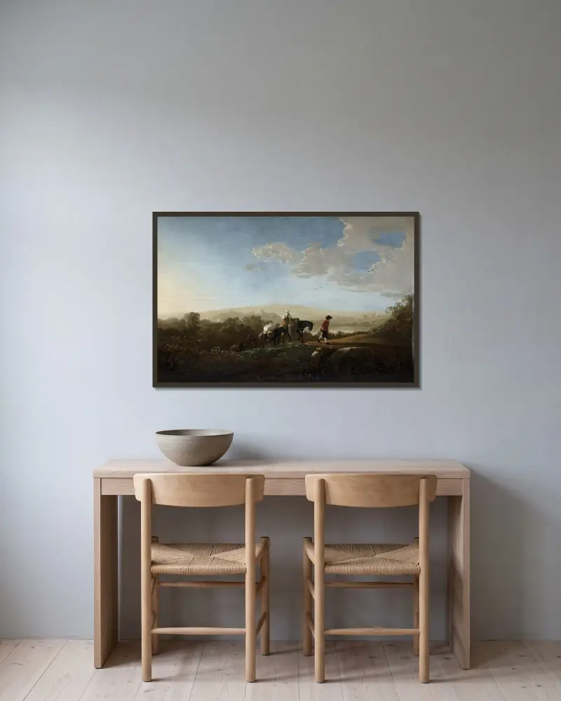 Travelers in Hilly Countryside av Aelbert Cuyp inramad på en vägg