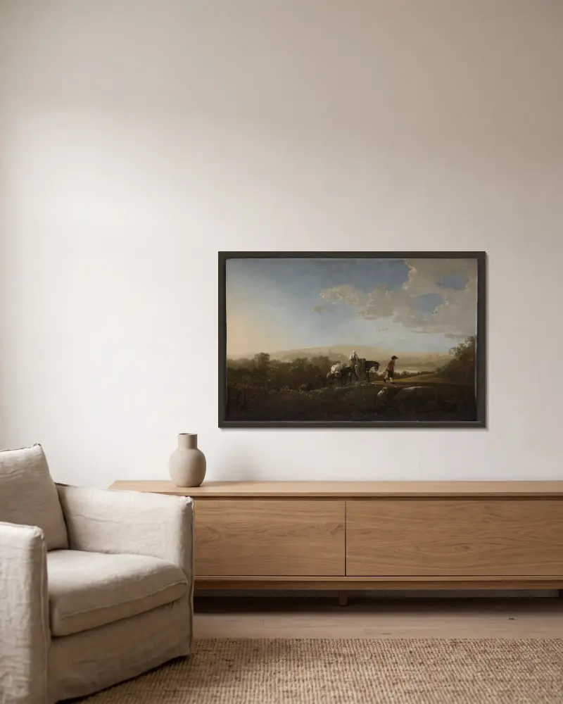 Resenärer i kuperad landsbygd av Aelbert Cuyp inramad på en vägg
