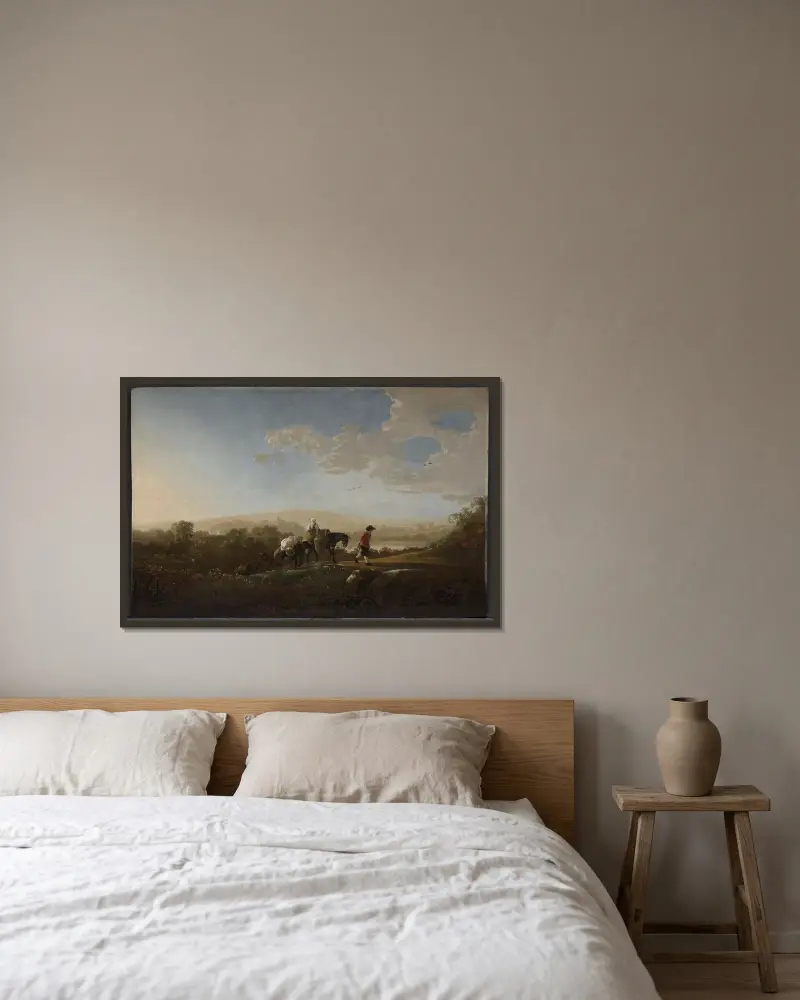 Resenärer i kuperad landsbygd av Aelbert Cuyp inramad på en vägg