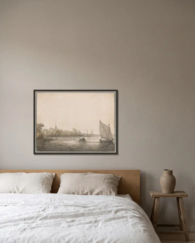 Vy över IJsselmonde sedd över Nya Maas av Aelbert Cuyp inramad på en vägg