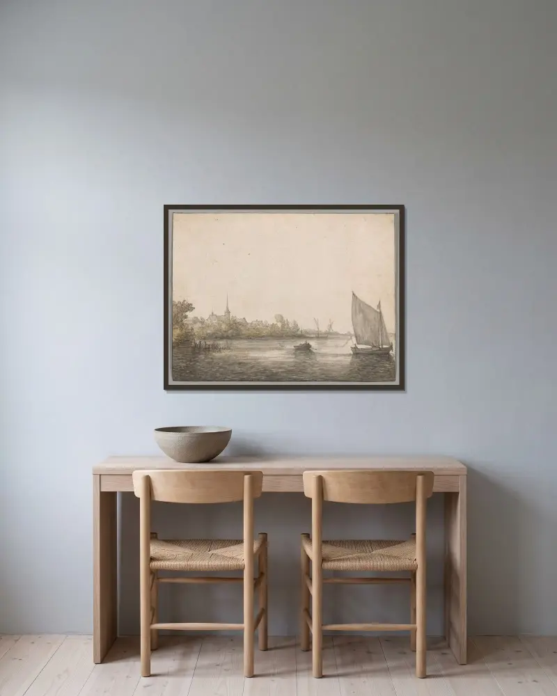 Vy över IJsselmonde sedd över Nya Maas av Aelbert Cuyp inramad på en vägg