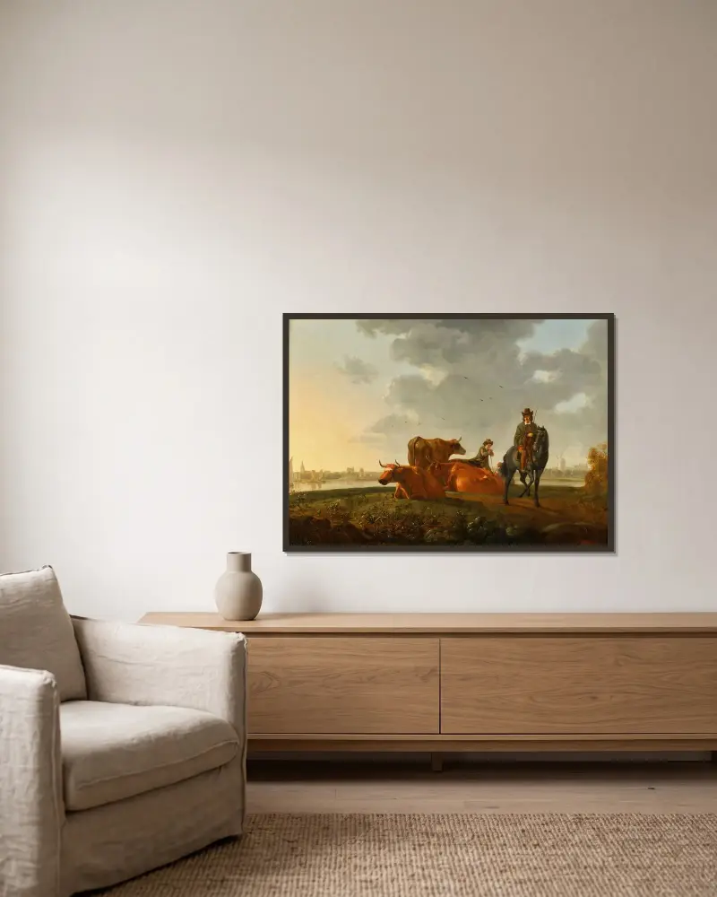 Weide am Fluss von Aelbert Cuyp gerahmt an einer Wand