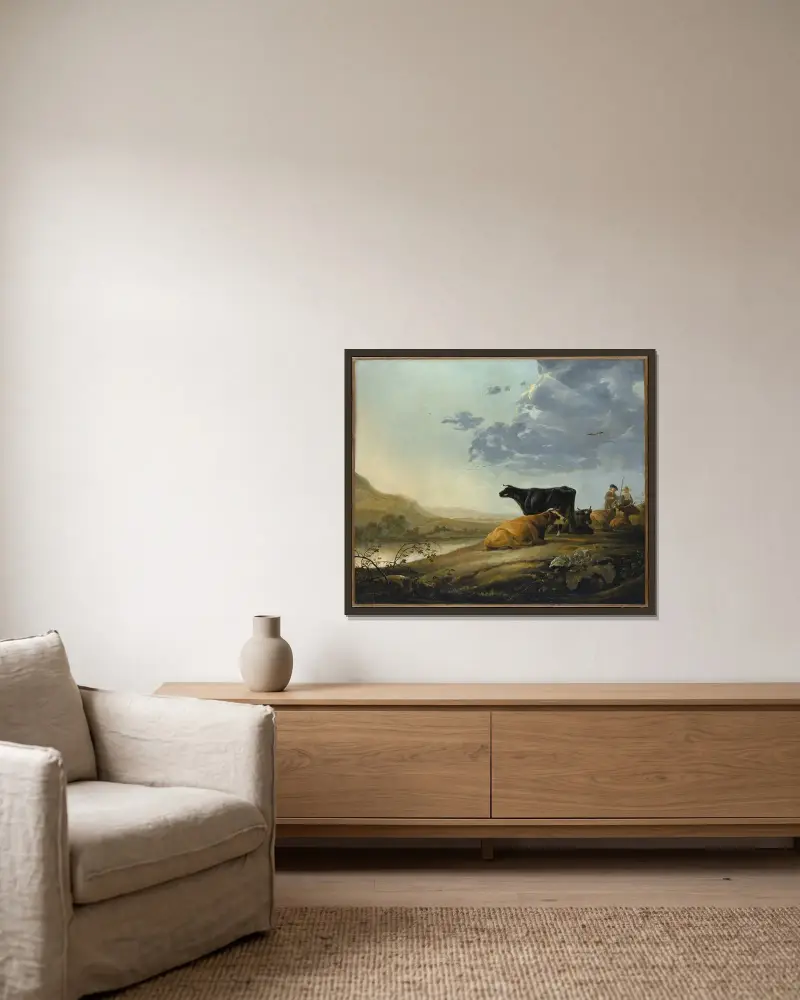 Unga boskapsvaktare med kor av Aelbert Cuyp inramad på en vägg