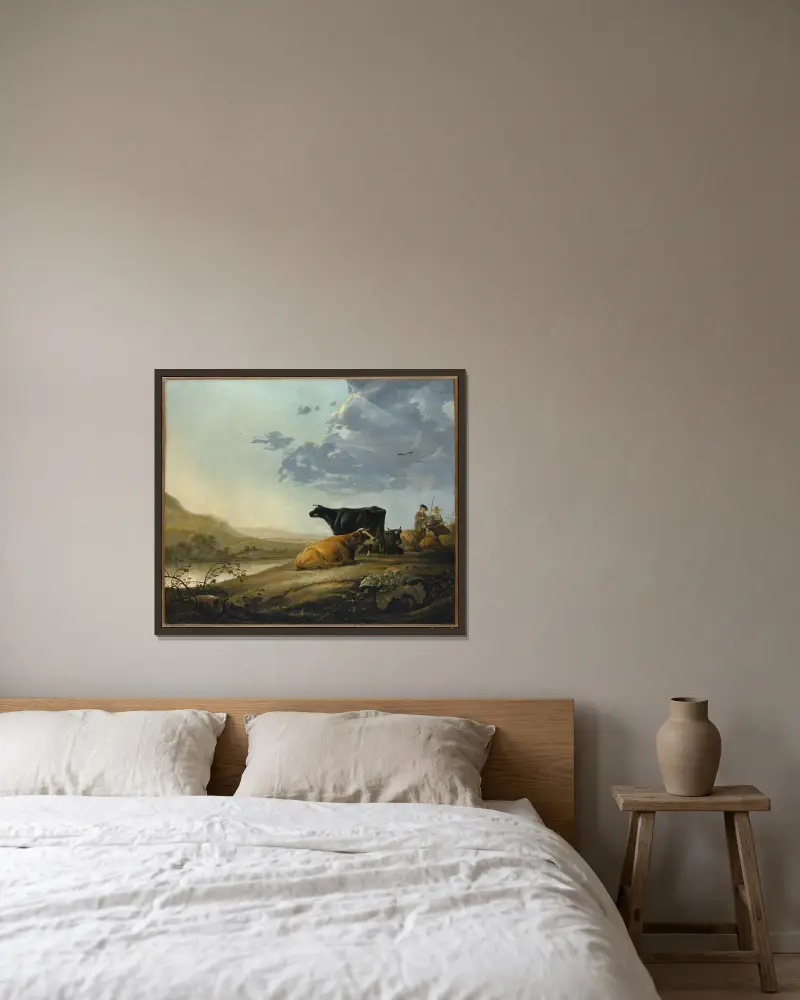 Unga boskapsvaktare med kor av Aelbert Cuyp inramad på en vägg