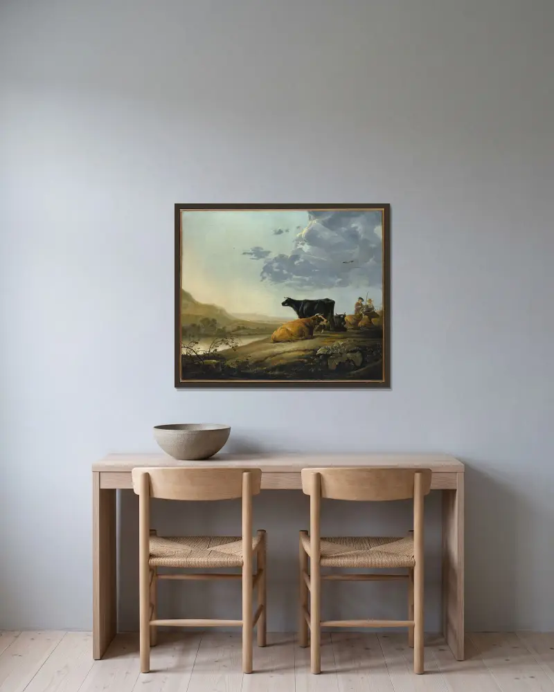Unga boskapsvaktare med kor av Aelbert Cuyp inramad på en vägg