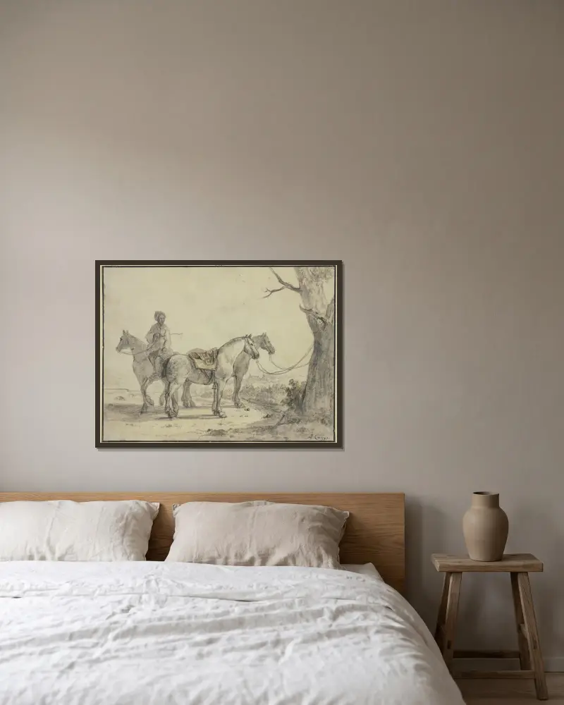 Zwei gesattelte Pferde an einen Baum gebunden, dabei ein Reiter av Aelbert Cuyp inramad på en vägg
