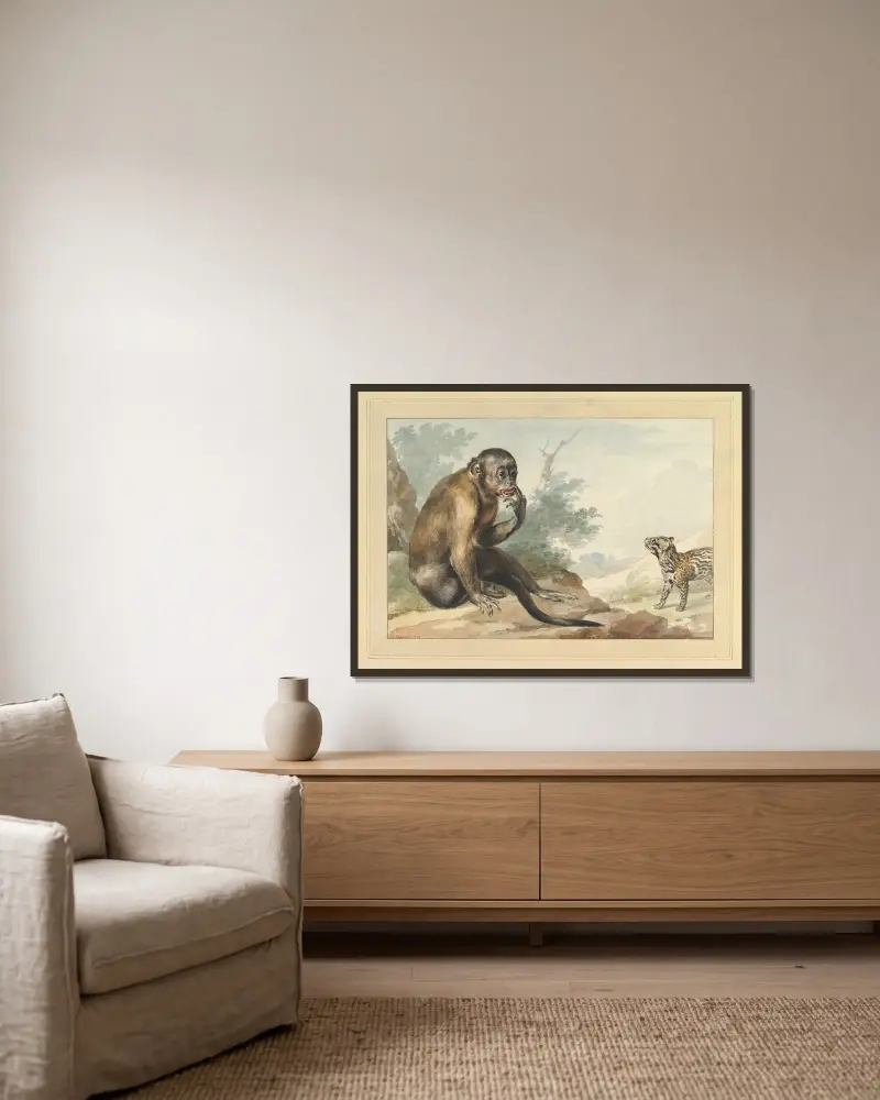 En apa som sitter på en sten och tittar på en sibetkatt av Aert Schouman inramad på en vägg