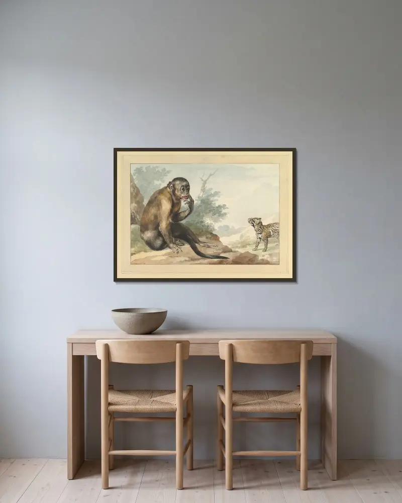 En apa som sitter på en sten och tittar på en sibetkatt av Aert Schouman inramad på en vägg