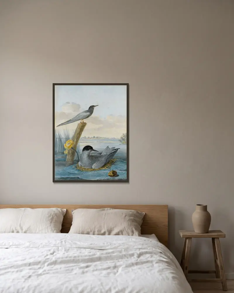 Ein Paar Trauerseeschwalben mit Nest und Ei in einer Flusslandschaft von Aert Schouman gerahmt an einer Wand