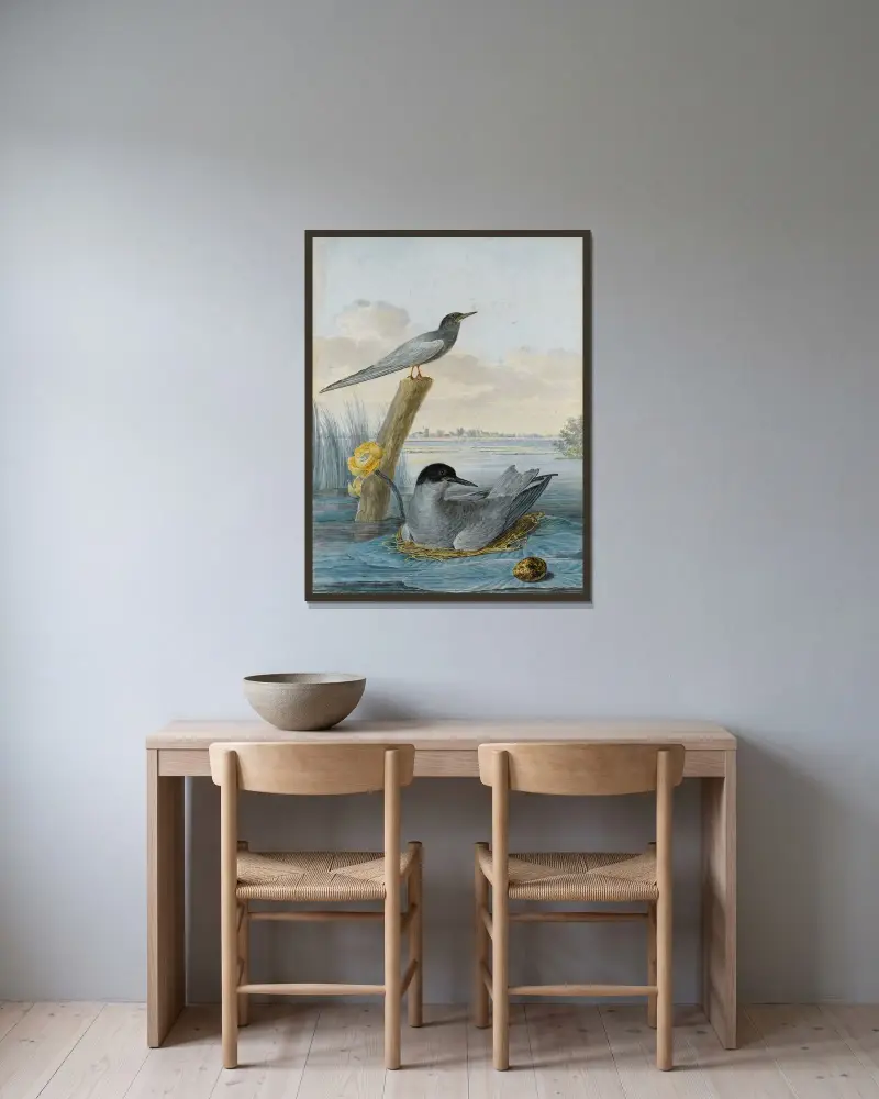 Ein Paar Trauerseeschwalben mit Nest und Ei in einer Flusslandschaft von Aert Schouman gerahmt an einer Wand