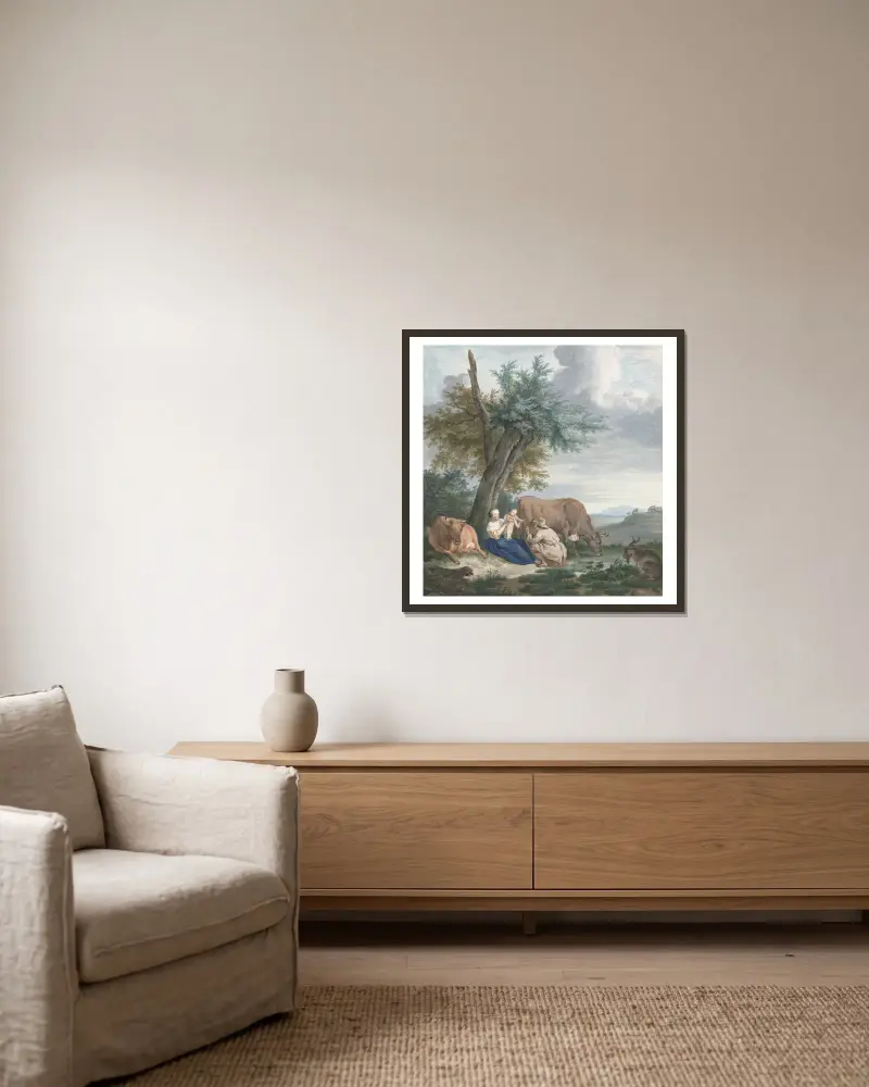 Boerin en boer met kind in een landschap met vee av Aert Schouman inramad på en vägg