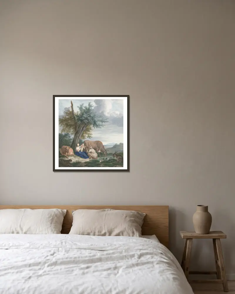 Boerin en boer met kind in een landschap met vee av Aert Schouman inramad på en vägg