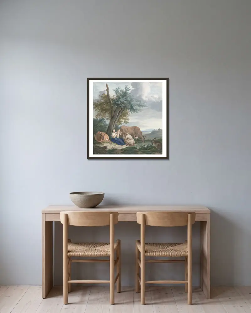 Boerin en boer met kind in een landschap met vee av Aert Schouman inramad på en vägg