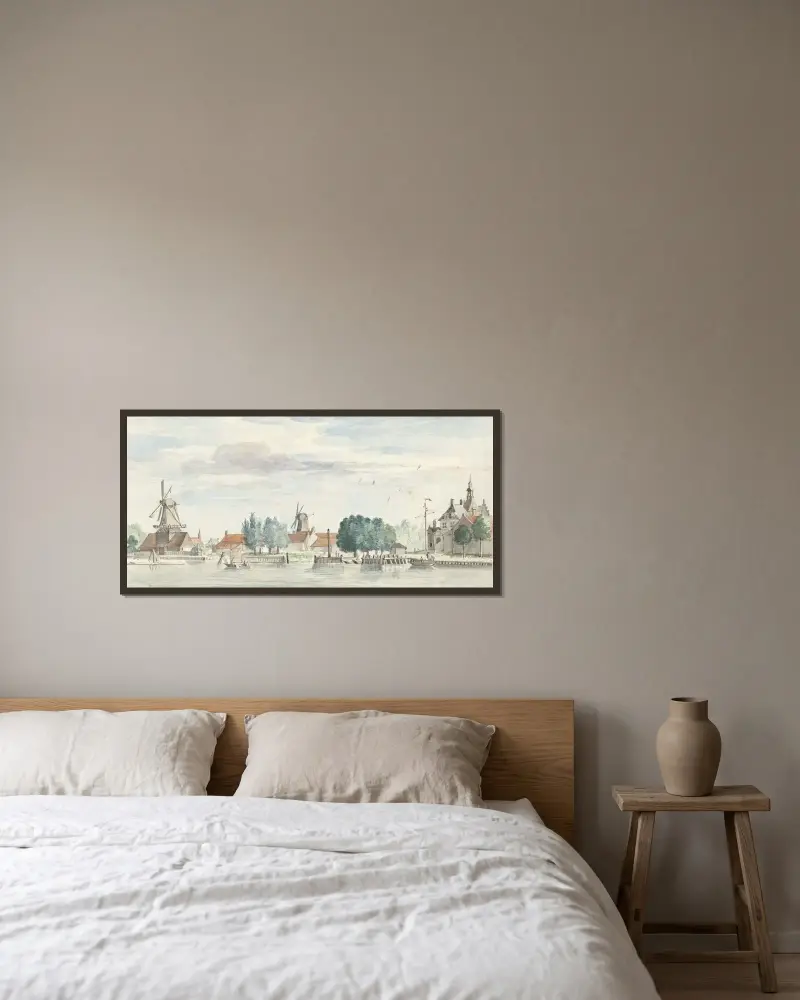 Gezicht op Dordrecht met de Rietdijkspoort en windmolens av Aert Schouman inramad på en vägg