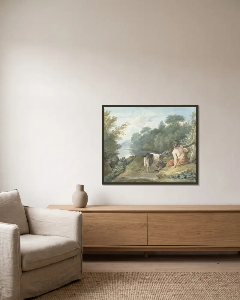 Herderin met geiten in een landschap met een meer av Aert Schouman inramad på en vägg