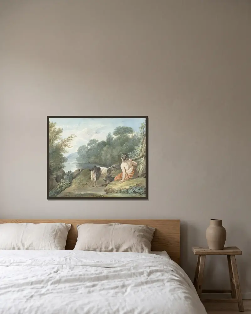 Herderin met geiten in een landschap met een meer av Aert Schouman inramad på en vägg