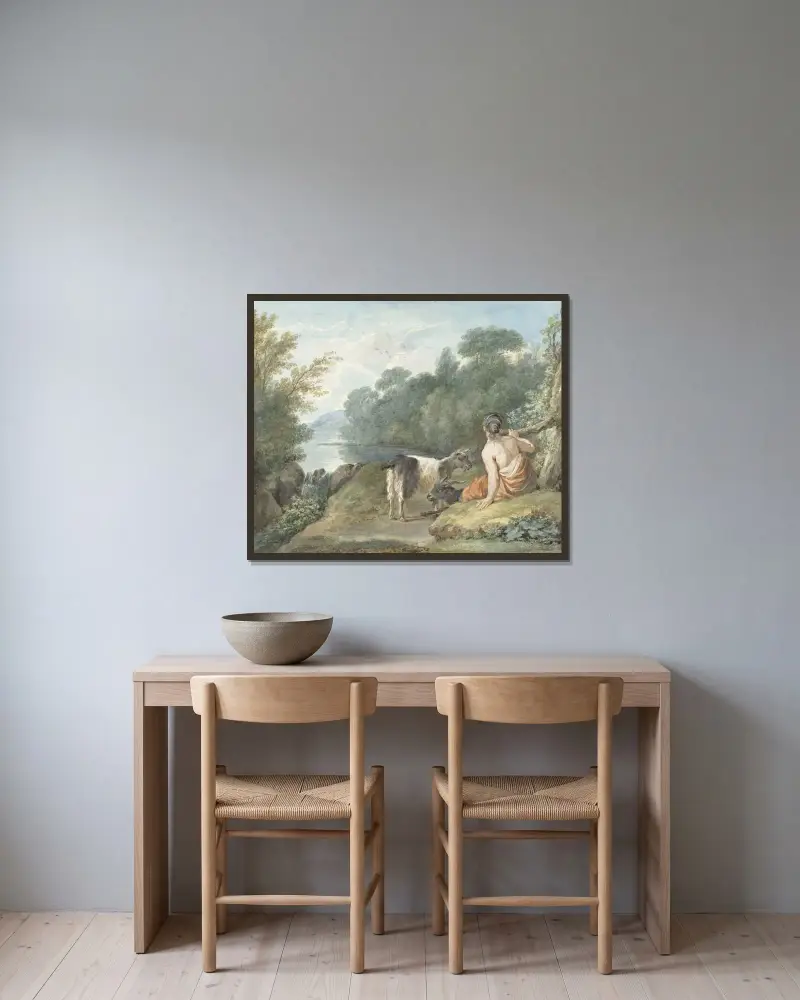 Herderin met geiten in een landschap met een meer av Aert Schouman inramad på en vägg