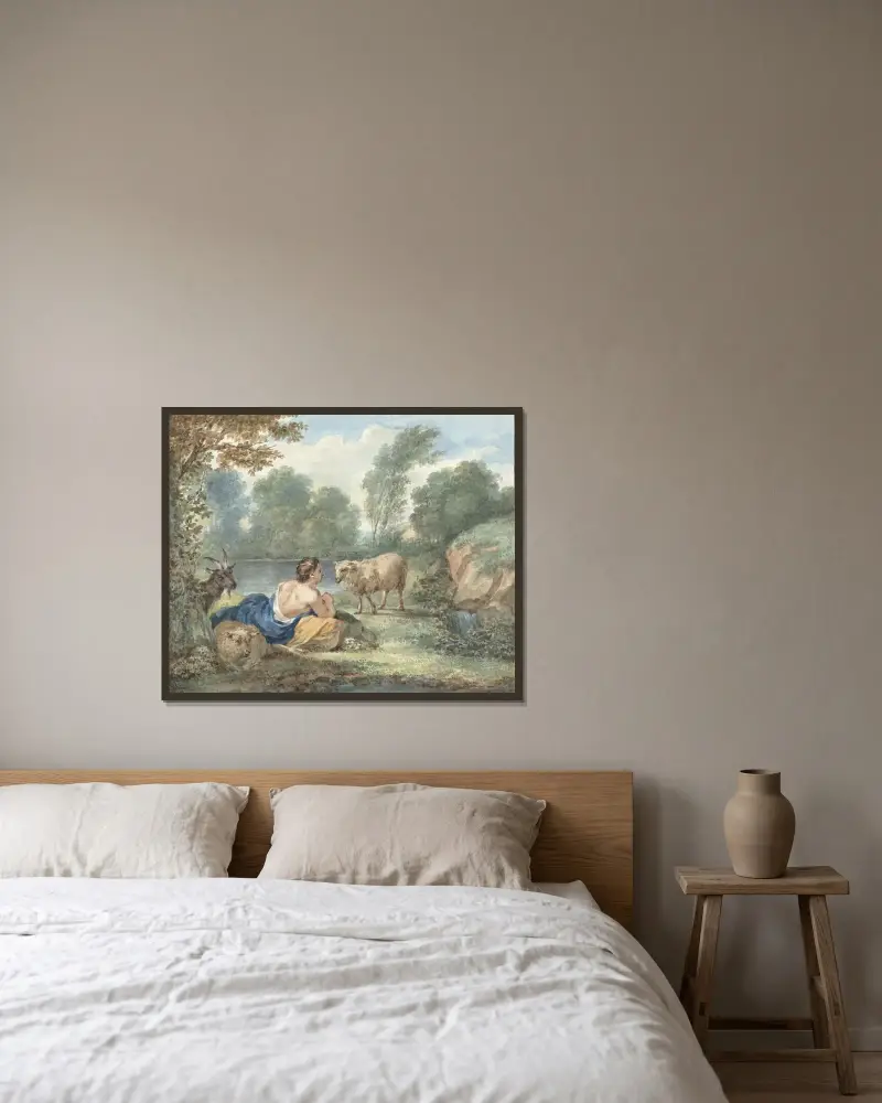 Herderin met schapen in een landschap met een meertje av Aert Schouman inramad på en vägg