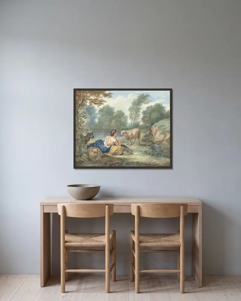 Herderin met schapen in een landschap met een meertje av Aert Schouman inramad på en vägg
