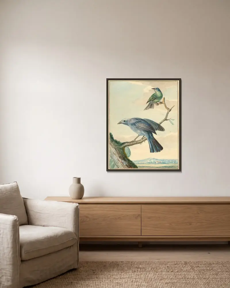 Vögel auf einem Ast von Aert Schouman gerahmt an einer Wand