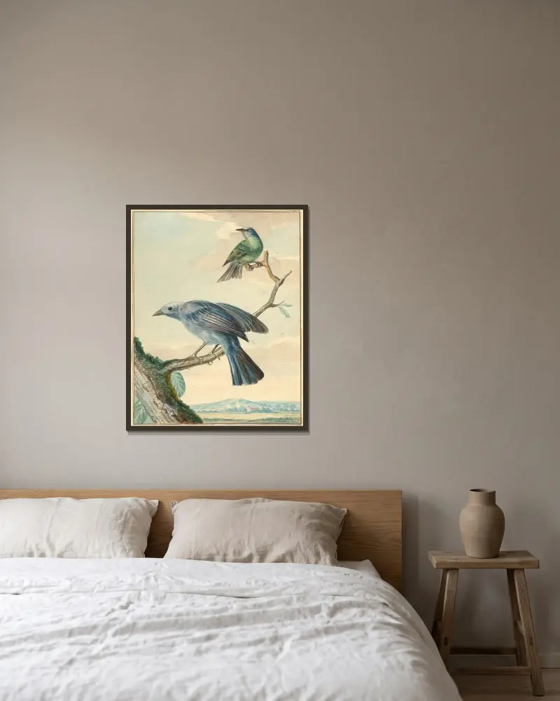 Vögel auf einem Ast von Aert Schouman gerahmt an einer Wand