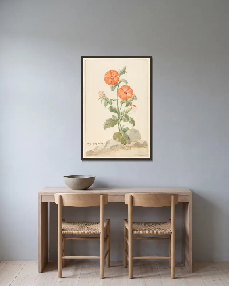 Oranje koekoeksbloem in landschap av Aert Schouman inramad på en vägg