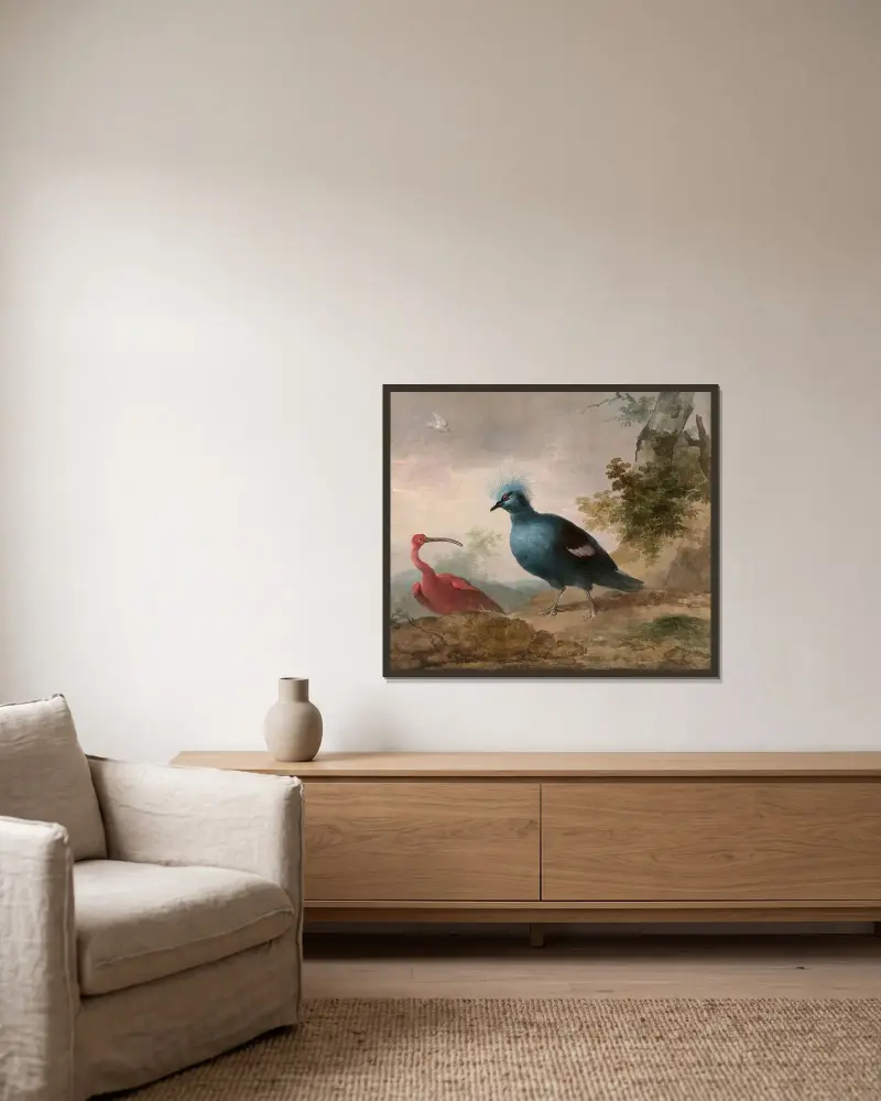 Pintade de Numidie et caïque à tête noire et Ibis rouge et goura couronné av Aert Schouman inramad på en vägg
