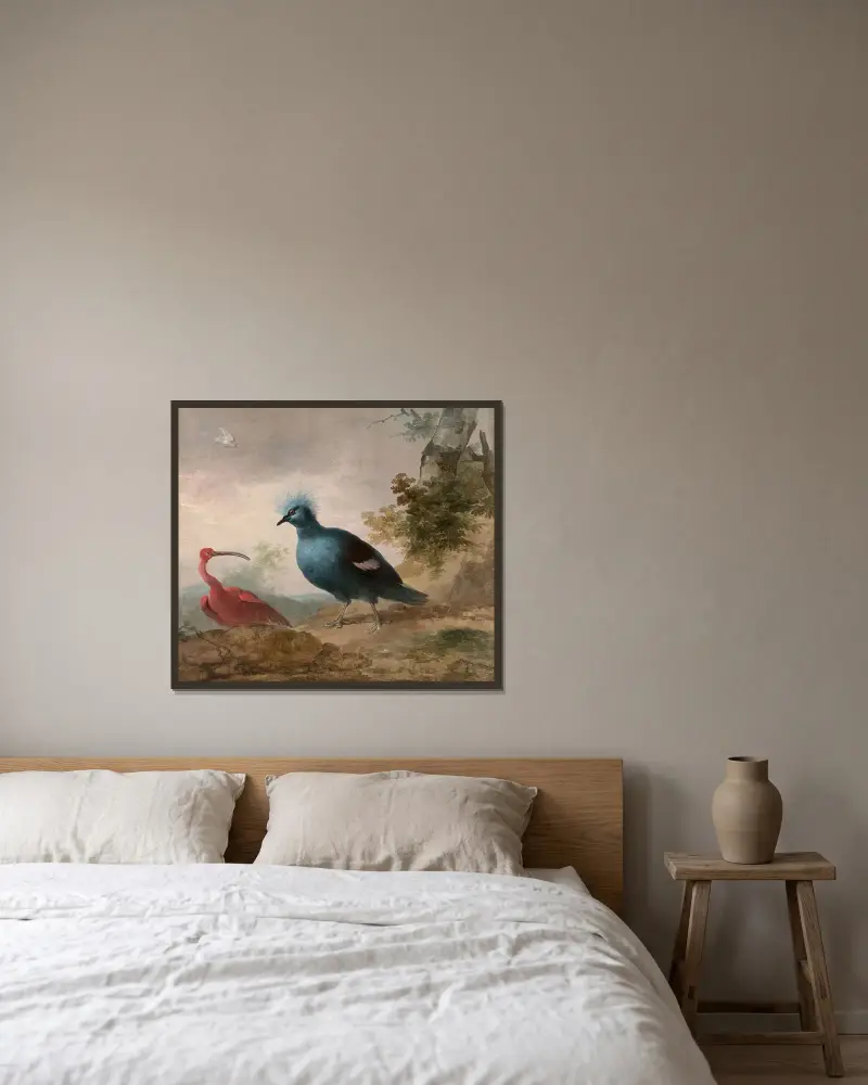 Pintade de Numidie et caïque à tête noire et Ibis rouge et goura couronné av Aert Schouman inramad på en vägg