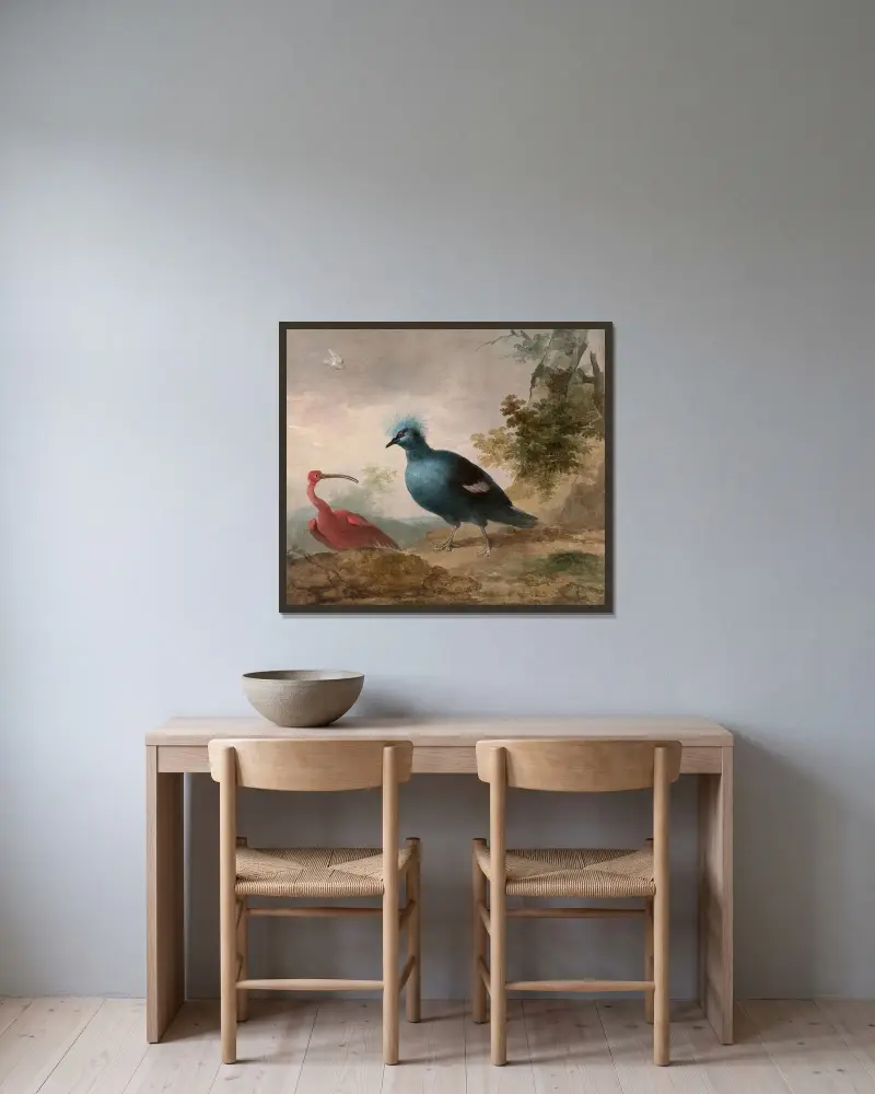 Pintade de Numidie et caïque à tête noire et Ibis rouge et goura couronné av Aert Schouman inramad på en vägg