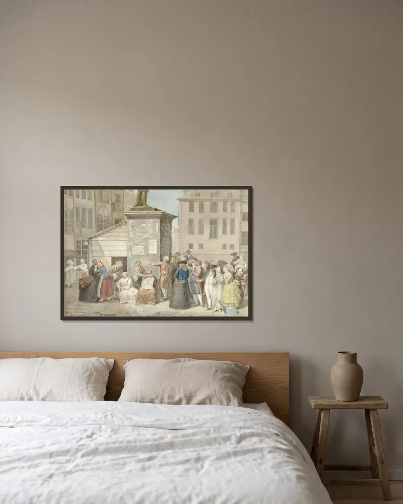Plein met monniken en nonnen tijdens de revolutie in België, 20 oktober 1787 av Aert Schouman inramad på en vägg