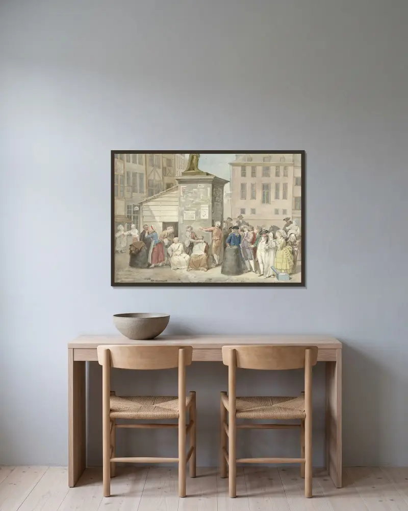 Plein met monniken en nonnen tijdens de revolutie in België, 20 oktober 1787 av Aert Schouman inramad på en vägg
