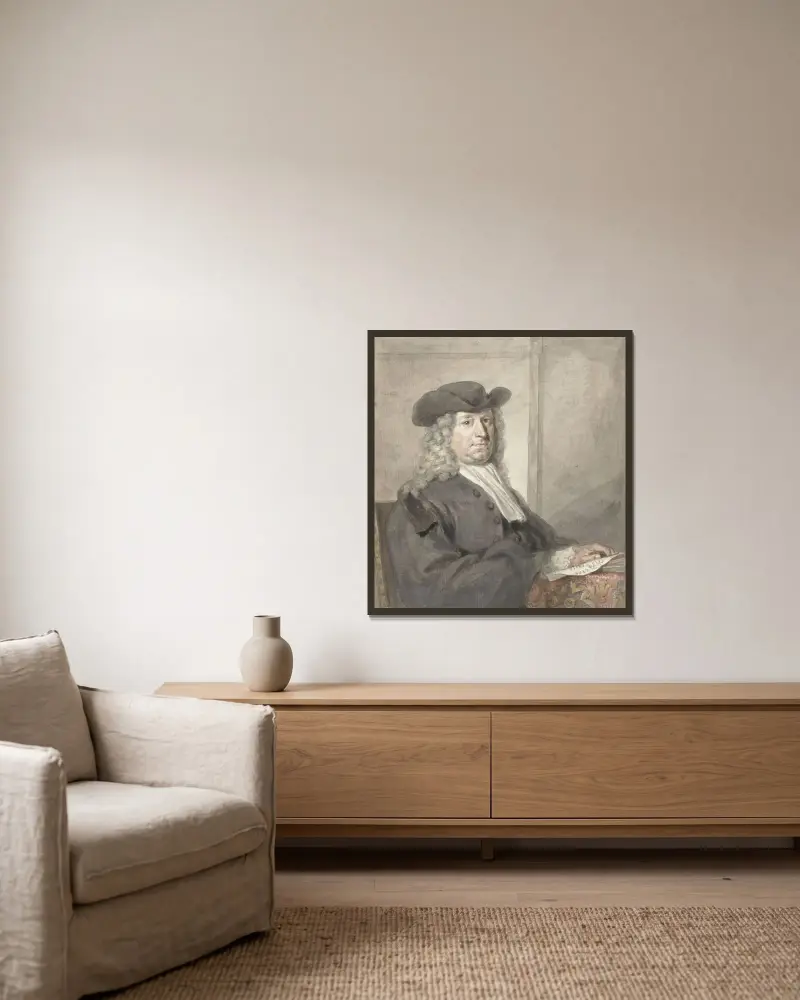 Portret mężczyzny w kapeluszu i szarej peruce, zwróconego w prawo, Aert Schouman w ramie na ścianie