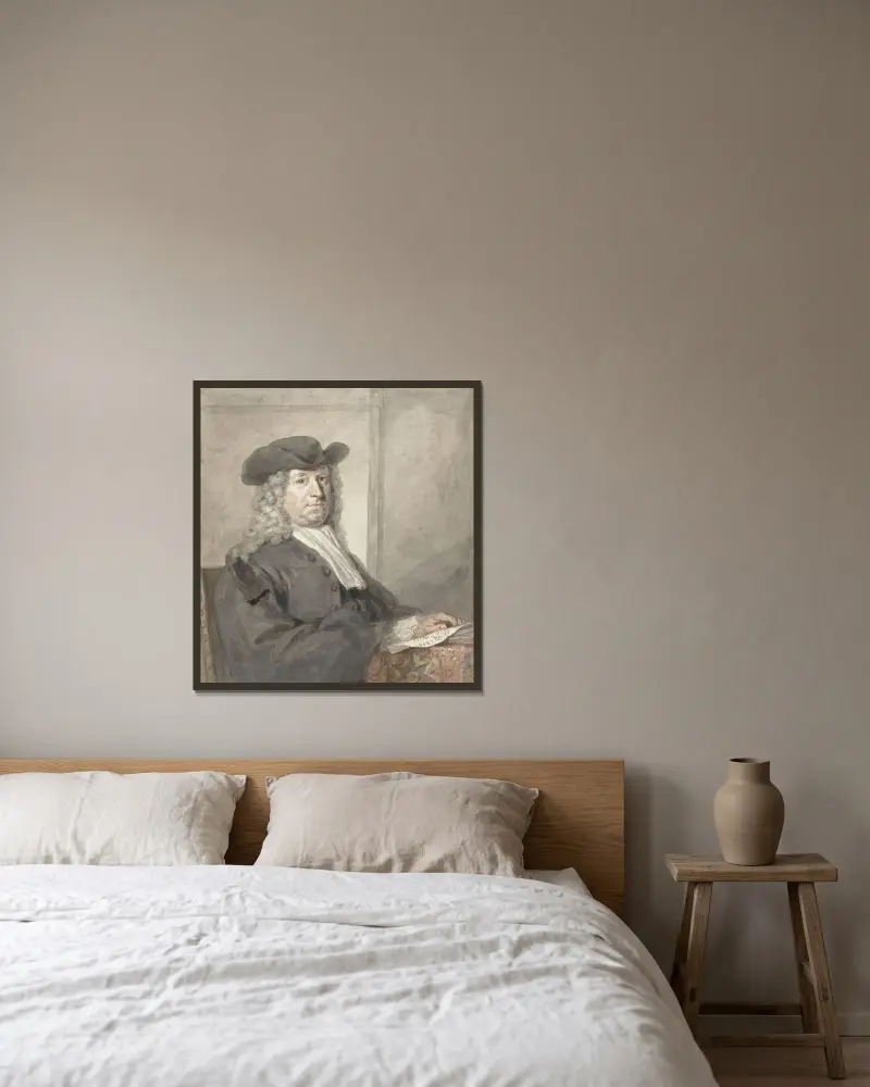 Portret mężczyzny w kapeluszu i szarej peruce, zwróconego w prawo, Aert Schouman w ramie na ścianie
