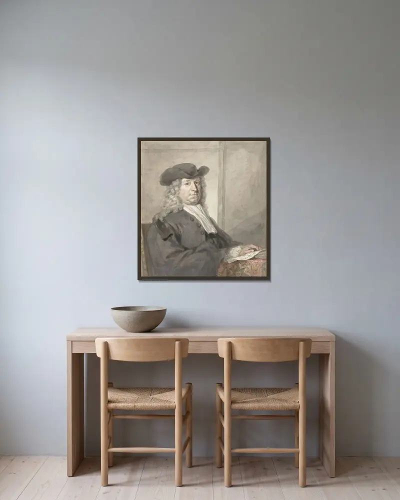 Portret mężczyzny w kapeluszu i szarej peruce, zwróconego w prawo, Aert Schouman w ramie na ścianie