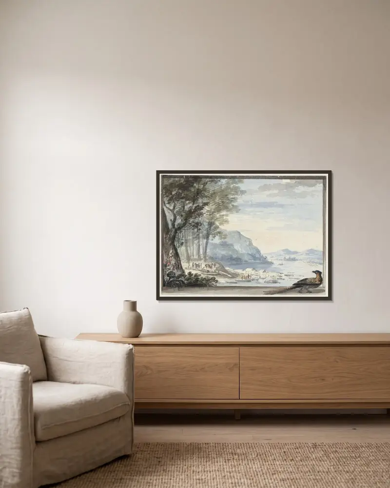 Rivierlandschap met op de voorgrond een hoen (Flodlandskap med en höna i förgrunden) av Aert Schouman inramad på en vägg