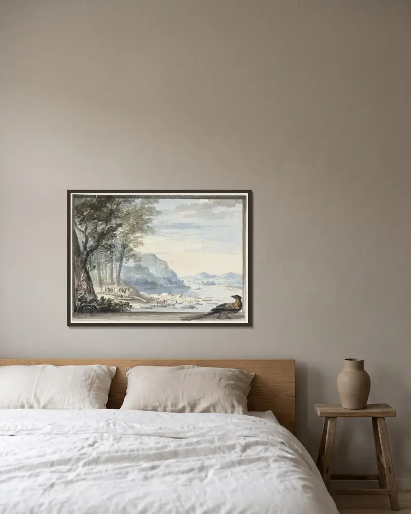 Rivierlandschap met op de voorgrond een hoen (Flodlandskap med en höna i förgrunden) av Aert Schouman inramad på en vägg