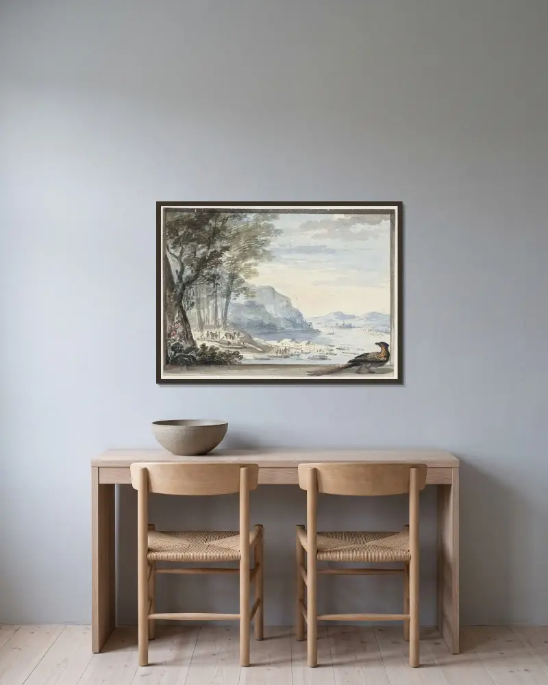 Rivierlandschap met op de voorgrond een hoen (Flodlandskap med en höna i förgrunden) av Aert Schouman inramad på en vägg