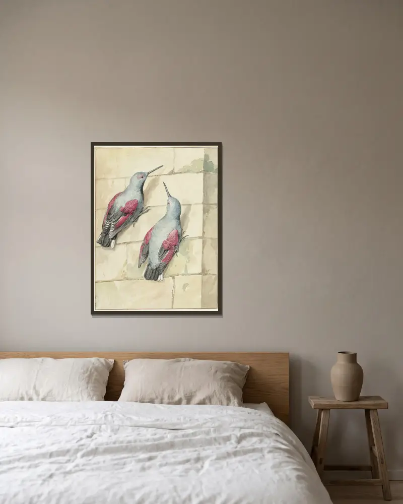Twee rotskruipers, blauw en paars, op een muur av Aert Schouman inramad på en vägg